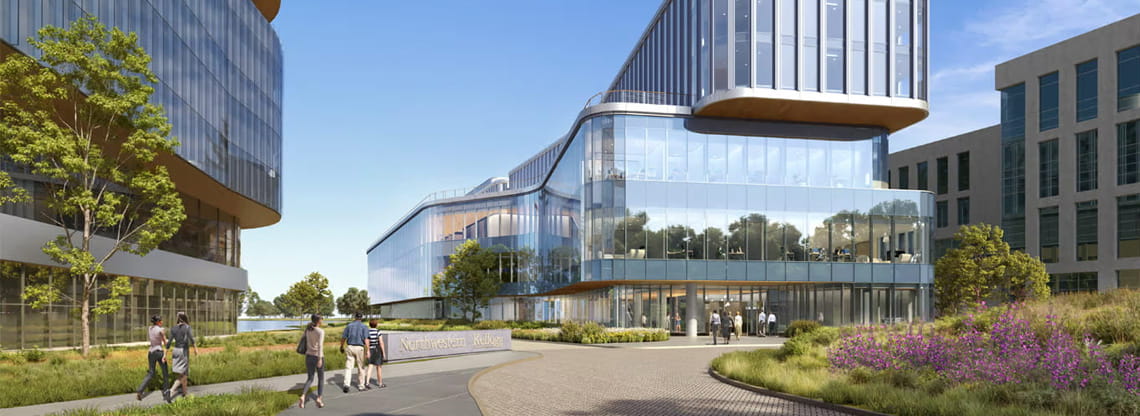 Architectural rendering of Kellogg Education Center, a glass and steel, multi-story building beside the Kellogg Global Hub.